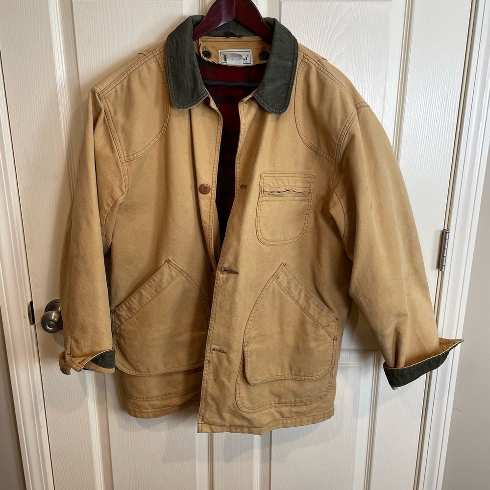 LL Bean Vintage Barn Field Chore Canvas Tan Jacket Wool Lined USA large